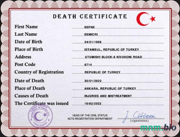 Turkey śmierć certyfikat PSD szablon